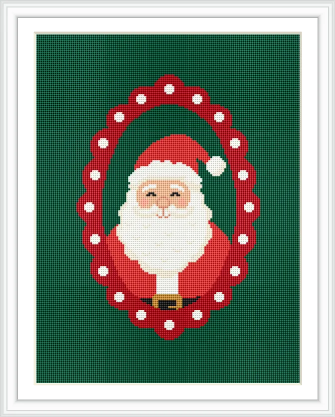 A cheerful Santa Claus is centered within a red oval frame with white dots, set against a green background.