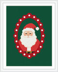 A cheerful Santa Claus is centered within a red oval frame with white dots, set against a green background.