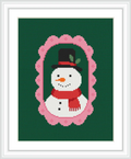 The image shows a snowman with a black top hat, red scarf, and buttons, centered inside a pink scalloped oval frame, all set against a green background.