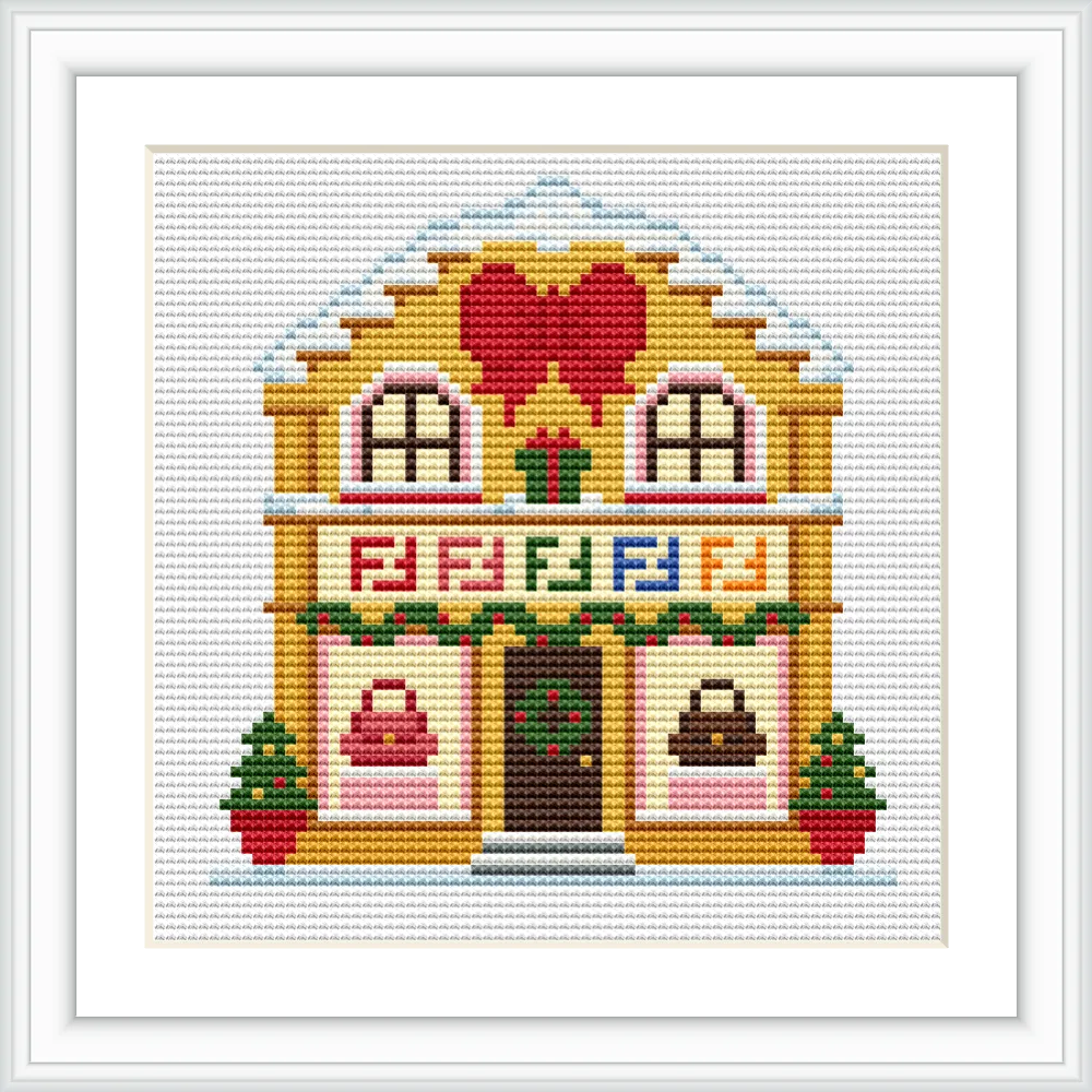 The image features a charming two-story house with yellow walls, outlined by decorative heart and gift motifs, adorned with snow-covered roof. Flanked by potted plants, the cottage has a central wooden door with a wreath.