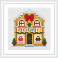 The image features a charming two-story house with yellow walls, outlined by decorative heart and gift motifs, adorned with snow-covered roof. Flanked by potted plants, the cottage has a central wooden door with a wreath.