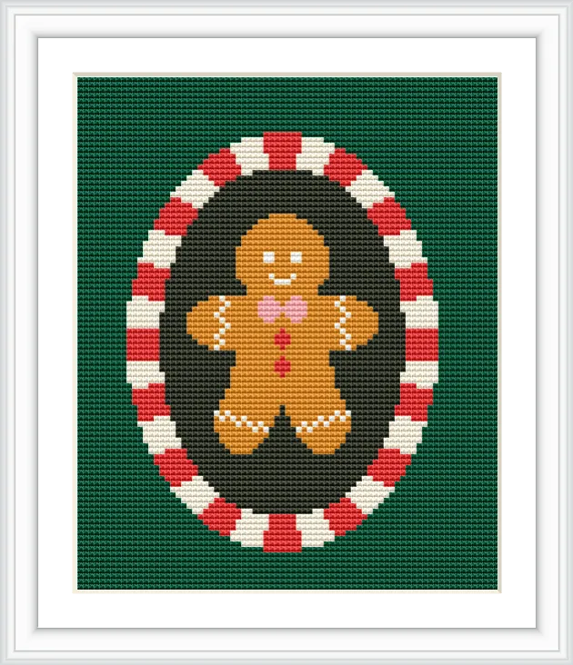 In the center, a gingerbread man is depicted, surrounded by a circular red and white candy-like border against a green background.
