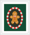 In the center, a gingerbread man is depicted, surrounded by a circular red and white candy-like border against a green background.