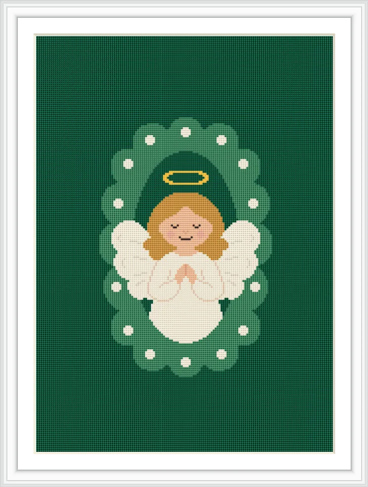 The image features a cute angel with closed eyes, hands together in prayer, surrounded by a halo and a decorative floral pattern on a green background.