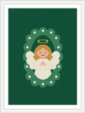 The image features a cute angel with closed eyes, hands together in prayer, surrounded by a halo and a decorative floral pattern on a green background.