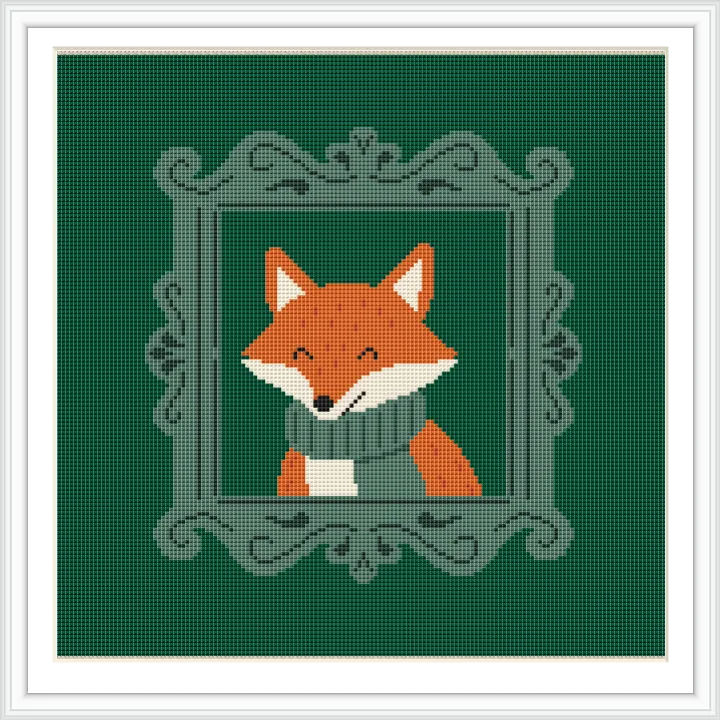 The image shows a smiling fox wearing a green knitted scarf, framed in an ornate green frame, on a dark green background.