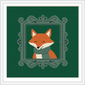 The image shows a smiling fox wearing a green knitted scarf, framed in an ornate green frame, on a dark green background.