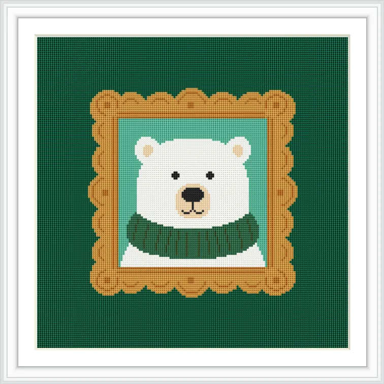 The image features a bear's head wearing a green sweater, displayed within a golden frame on a dark green background.