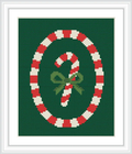 A candy cane design is centered on a green background, surrounded by a red and white striped oval border. A green bow is tied around the candy cane.