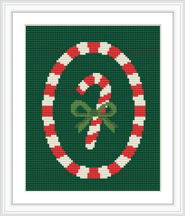 A candy cane design is centered on a green background, surrounded by a red and white striped oval border. A green bow is tied around the candy cane.