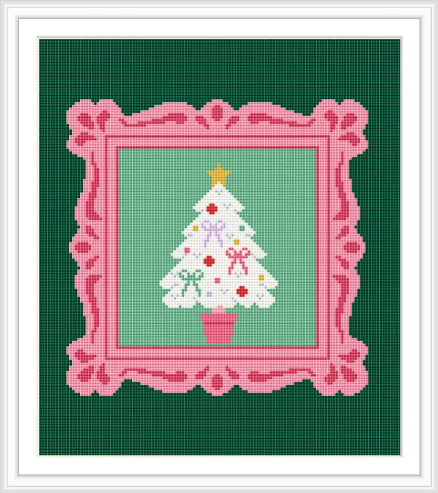 A central Christmas tree decorated with colorful ornaments and topped with a gold star. The design is framed with an ornate pink border, set against a dark green background.