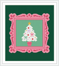 A central Christmas tree decorated with colorful ornaments and topped with a gold star. The design is framed with an ornate pink border, set against a dark green background.
