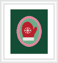 The image shows a single red mitten with a white snowflake design in the center. It is enclosed within circular borders of pink, white, and teal, placed against a dark green background.