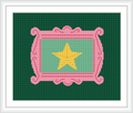 The image features a yellow star centered on a green background, surrounded by a pastel pink ornate frame.