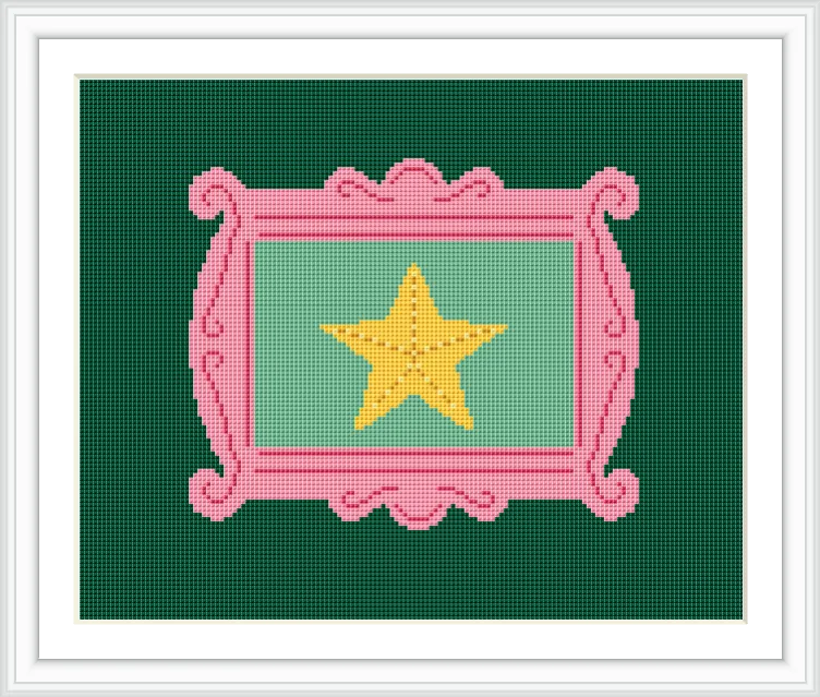 The image features a yellow star centered on a green background, surrounded by a pastel pink ornate frame.