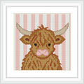 The image depicts a cross-stitched Highland cow with large horns and a fluffy coat, set against a background of pink and white vertical stripes.