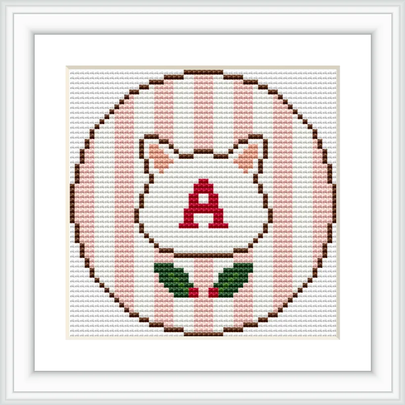 The design features a circle with a cat face outline in the center. The circle has a striped pattern in pink and white. Inside the cat's face, there's a red letter 'A'. Below, two green leaves with red berries are depicted.