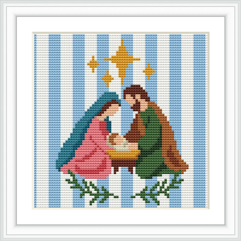 The image depicts Mary and Joseph leaning over the baby Jesus, who is in a crib. They are under a large star, with smaller stars around it. The background features vertical blue and white stripes, and there are green leaves at the bottom.