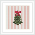 A green Christmas tree with a red bow is centered on a background of vertical pink and white stripes, framed in a white border.