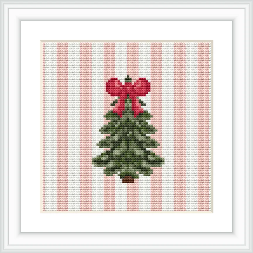 A green Christmas tree with a red bow is centered on a background of vertical pink and white stripes, framed in a white border.