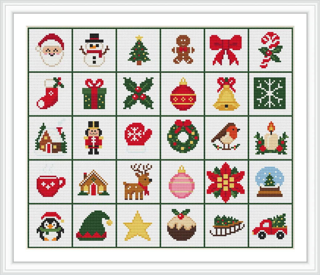 The image consists of a grid with 30 squares, each featuring a different Christmas-themed object such as Santa, snowman, Christmas tree, gingerbread man, and other festive symbols.
