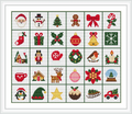 The image consists of a grid with 30 squares, each featuring a different Christmas-themed object such as Santa, snowman, Christmas tree, gingerbread man, and other festive symbols.
