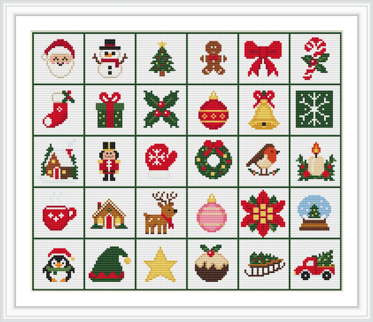 The image consists of a grid with 30 squares, each featuring a different Christmas-themed object such as Santa, snowman, Christmas tree, gingerbread man, and other festive symbols.