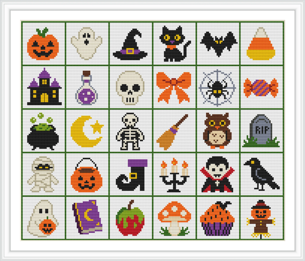 The image contains a grid of small, colorful squares, each featuring a different Halloween-themed object, such as a pumpkin, ghost, witch hat, black cat, bat, candy corn, haunted house, skull, spider, candy, broom, owl, grave, mummy, cauldron, moon, skeleton, witch boot, candelabra, vampire, raven, tombstone, magical book, apple, mushroom, and cupcake, all contained within a decorative frame.