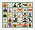The image contains a grid of small, colorful squares, each featuring a different Halloween-themed object, such as a pumpkin, ghost, witch hat, black cat, bat, candy corn, haunted house, skull, spider, candy, broom, owl, grave, mummy, cauldron, moon, skeleton, witch boot, candelabra, vampire, raven, tombstone, magical book, apple, mushroom, and cupcake, all contained within a decorative frame.