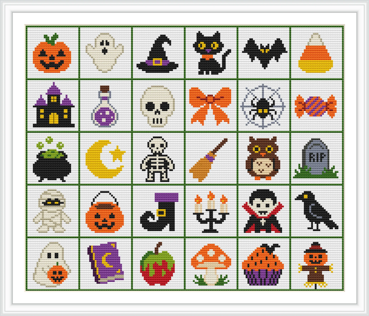 The image contains a grid of small, colorful squares, each featuring a different Halloween-themed object, such as a pumpkin, ghost, witch hat, black cat, bat, candy corn, haunted house, skull, spider, candy, broom, owl, grave, mummy, cauldron, moon, skeleton, witch boot, candelabra, vampire, raven, tombstone, magical book, apple, mushroom, and cupcake, all contained within a decorative frame.