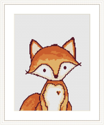 Image depicts a simplified, stylized rendition of a fox head in a cross stitch pattern. The design includes shades of orange, brown, and white with a heart shape on the chest, set against a plain white background.