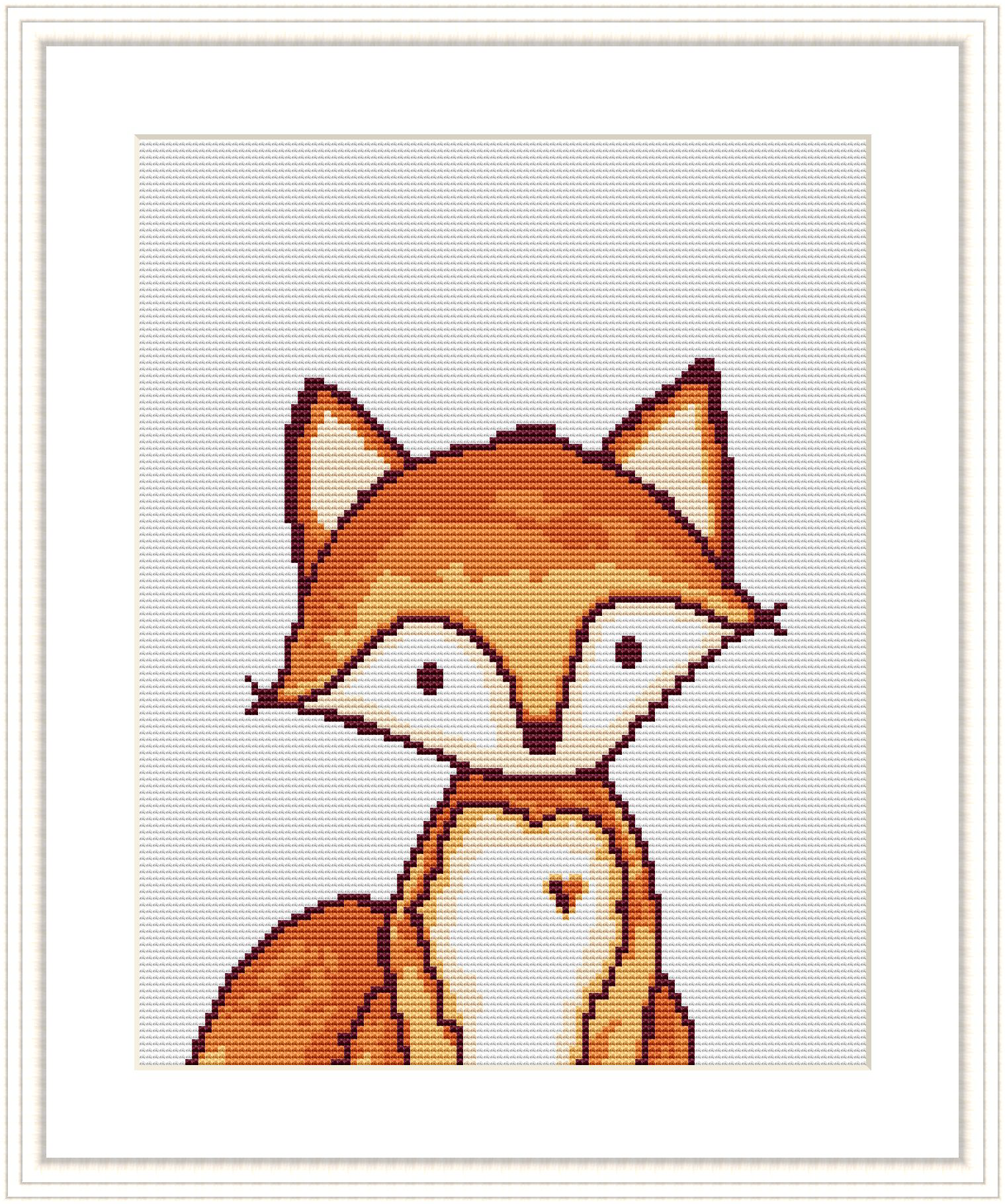 Image depicts a simplified, stylized rendition of a fox head in a cross stitch pattern. The design includes shades of orange, brown, and white with a heart shape on the chest, set against a plain white background.