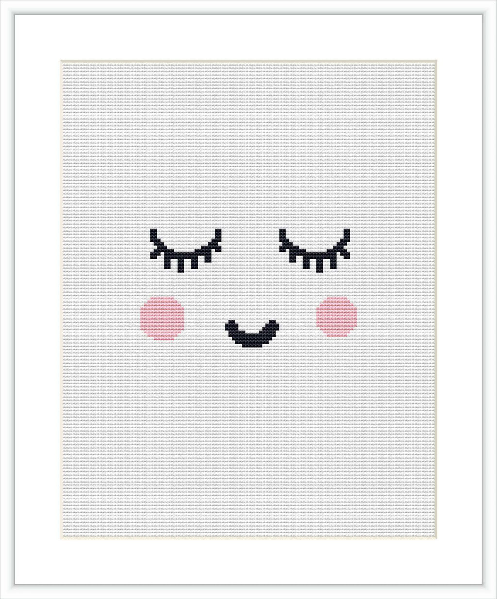 The image depicts a minimalist facial expression, consisting of two closed eyes with lashes, two pink cheeks, and a simple curved smile. All elements are centred on a plain white background within a square frame.