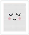 The image depicts a minimalist facial expression, consisting of two closed eyes with lashes, two pink cheeks, and a simple curved smile. All elements are centred on a plain white background within a square frame.