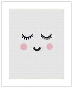 The image depicts a minimalist facial expression, consisting of two closed eyes with lashes, two pink cheeks, and a simple curved smile. All elements are centred on a plain white background within a square frame.