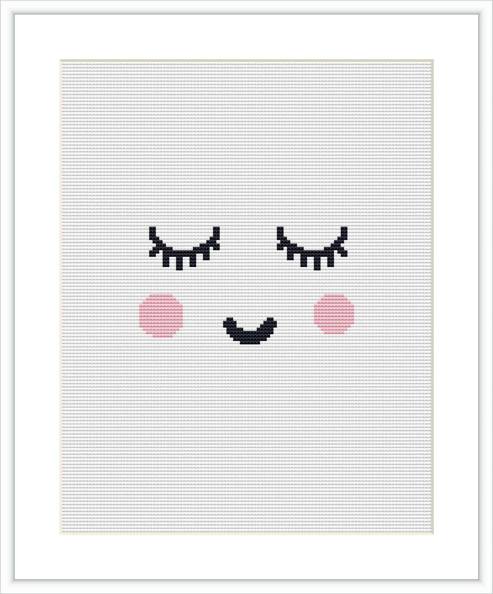 The image depicts a minimalist facial expression, consisting of two closed eyes with lashes, two pink cheeks, and a simple curved smile. All elements are centred on a plain white background within a square frame.