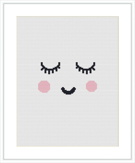 The image depicts a minimalist facial expression, consisting of two closed eyes with lashes, two pink cheeks, and a simple curved smile. All elements are centred on a plain white background within a square frame.