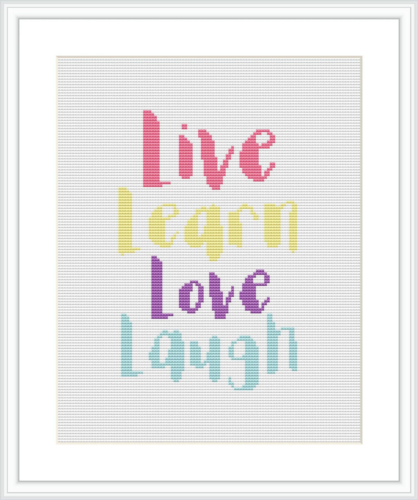 The image showcases a cross stitch pattern with the words 'live, learn, love, laugh'. Each word is designed with a distinct and bright color, arranged diagonally from top to bottom. The background is plain, allowing the colorful text to stand out prominently.