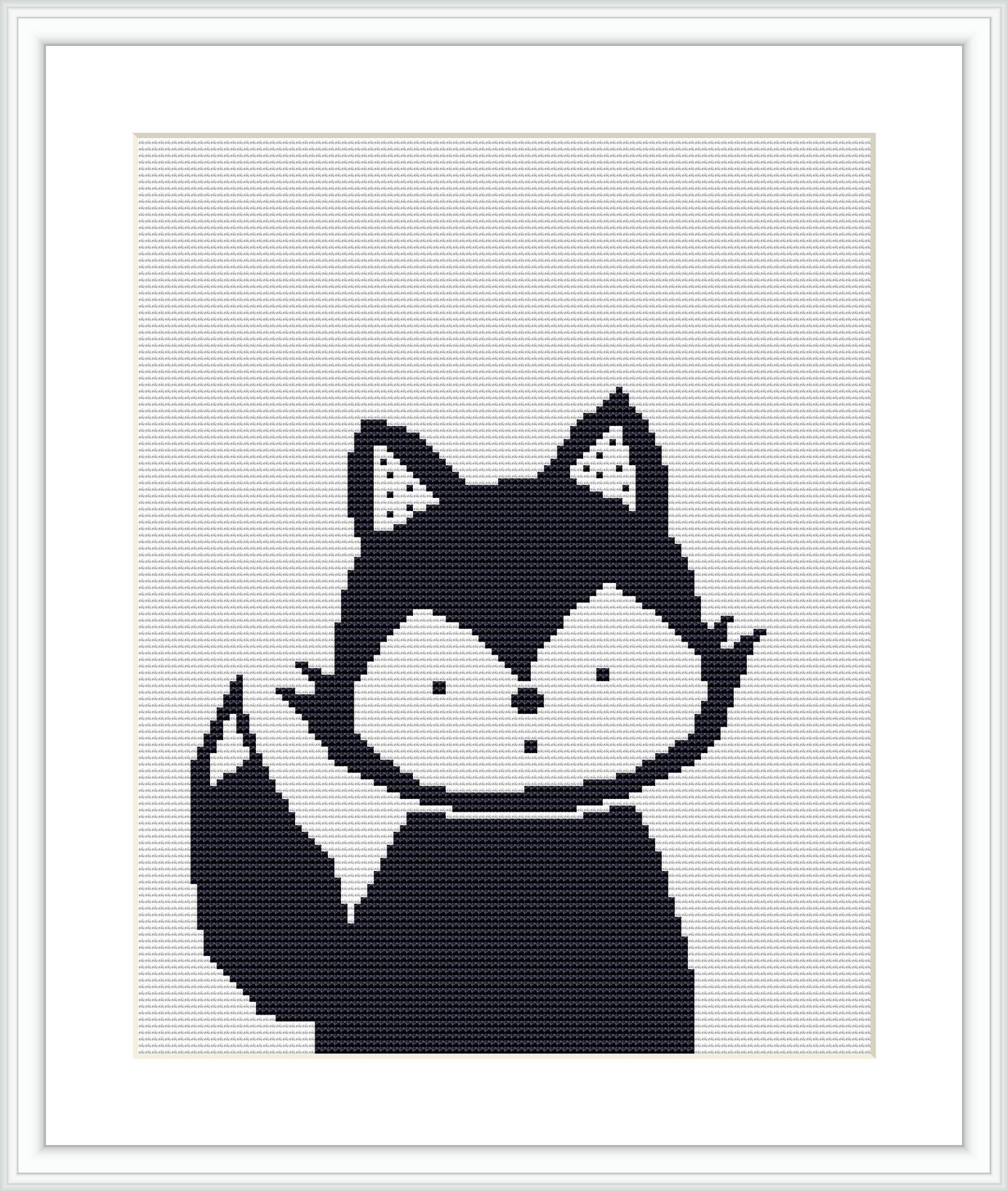 The image showcases a stitched pattern of a stylized fox. The fox is mostly black with white details, creating a monochromatic look. It appears against a plain white background, framed within a square border.