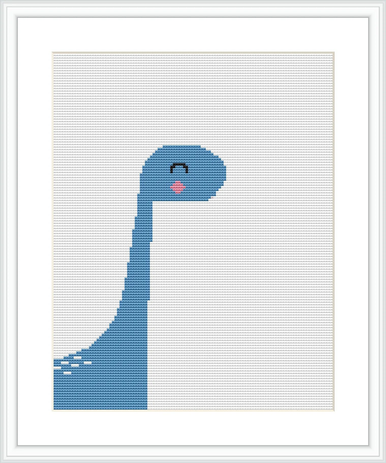 The image depicts a stylized blue dinosaur with a closed-eye smile, standing against a plain white background. The design is simple with pixelated edges, resembling cross stitch or pixel art.