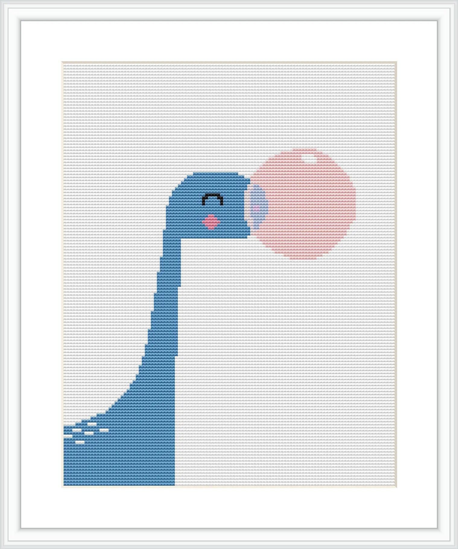 The image depicts a simple, stylized blue dinosaur with a closed eye, appearing to blow a pink bubble gum against a plain white background. The cross stitch pattern is framed within a white border.