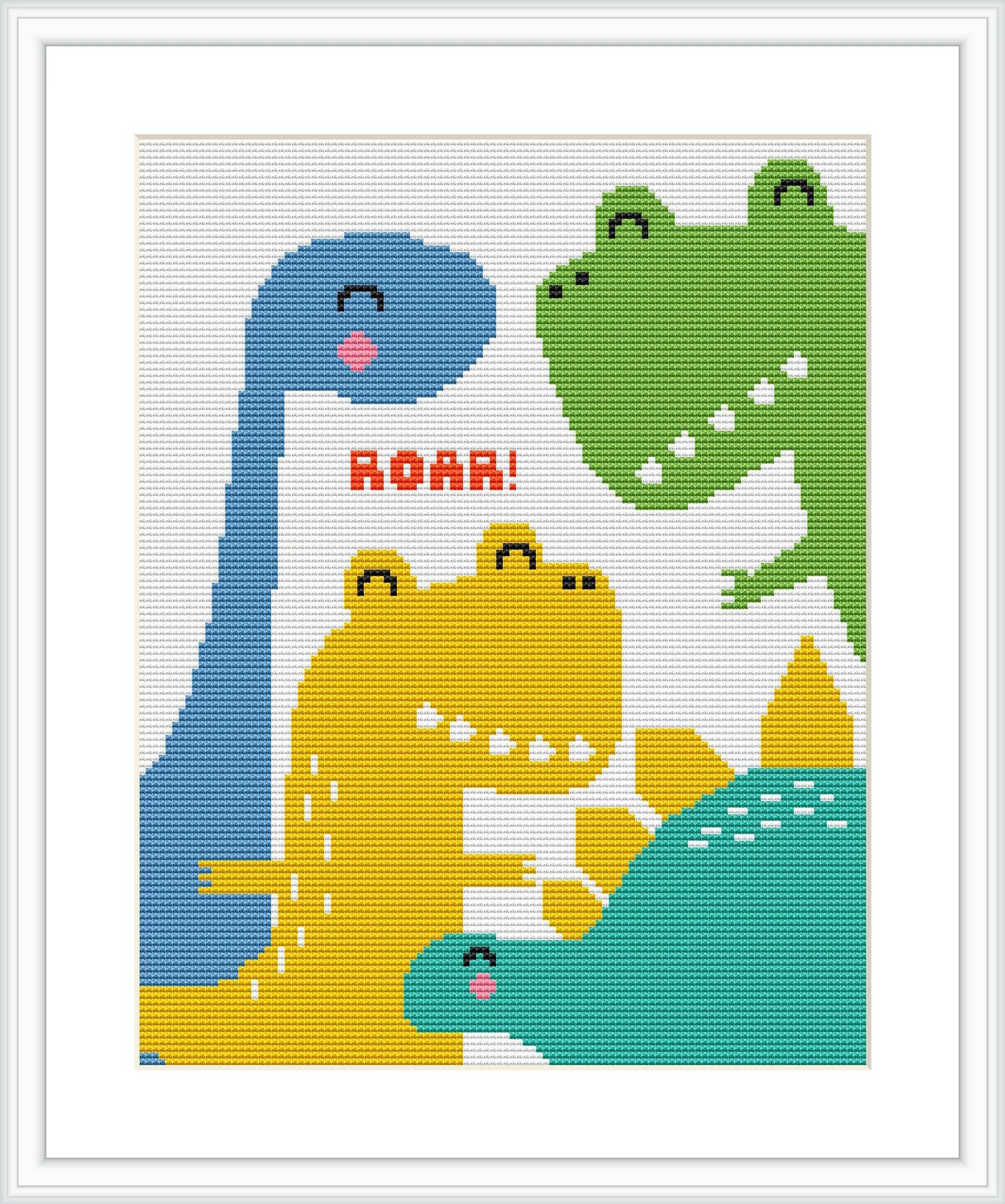 The cross stitch pattern features three stylized dinosaurs in blue, green, and yellow. One is roaring 'ROAR!', while the others show playful expressions. They are set against a white background with a red border.