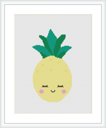 This image shows a cross stitch pattern of a cute, cartoony pineapple with a contented, smiling face and rosy cheeks. It's framed in white and presented on a simple white background.