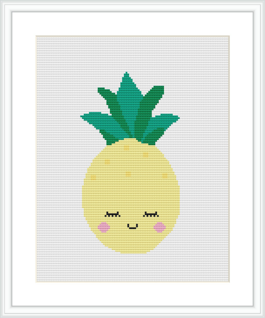 This image shows a cross stitch pattern of a cute, cartoony pineapple with a contented, smiling face and rosy cheeks. It's framed in white and presented on a simple white background.