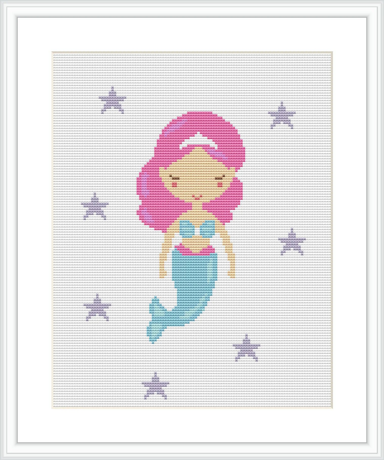 The image depicts a cross stitch pattern of a cartoon-style mermaid with pink hair and a turquoise tail. She is positioned in the center, surrounded by a scattering of sea stars in various shades of purple and blue on a white background.