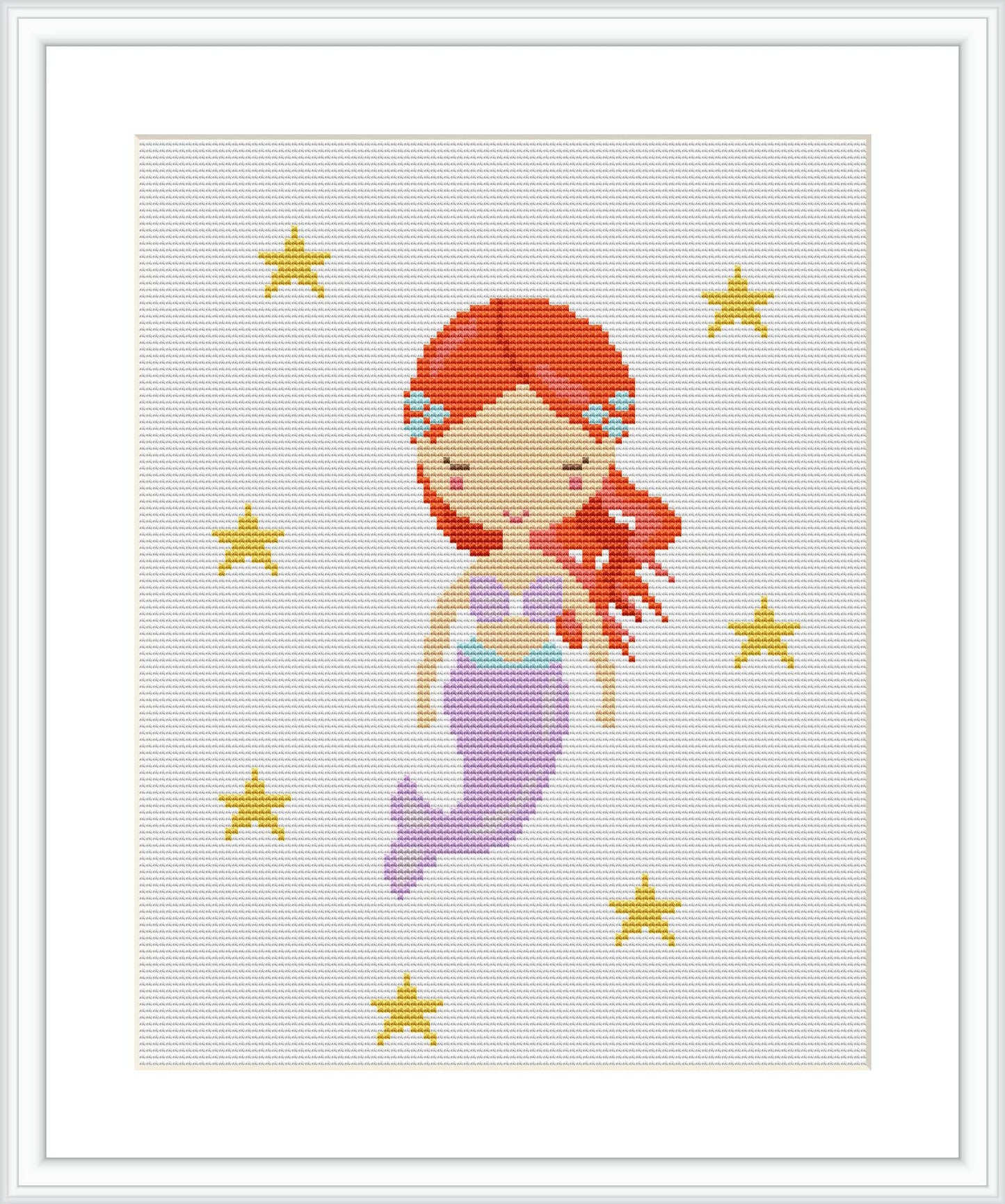 The image depicts a stylized cartoon mermaid with red hair, aqua blue seaflowers in her hair, and a purple tail. She is surrounded by golden stars on a white background.