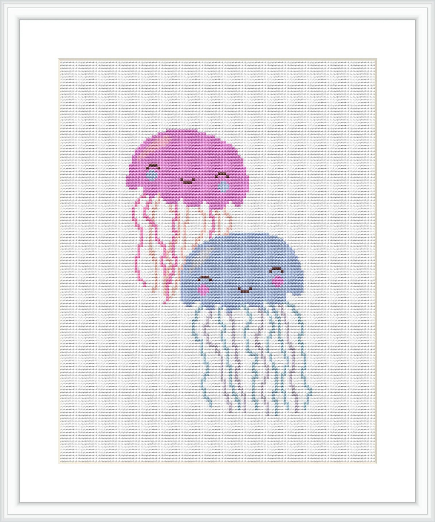 The image shows two stylized jellyfish embroidered in cross stitch on a white aida cloth. The upper jellyfish is pink while the lower one is a shade of light blue, both with smiling faces and dangling tentacles in various shades.