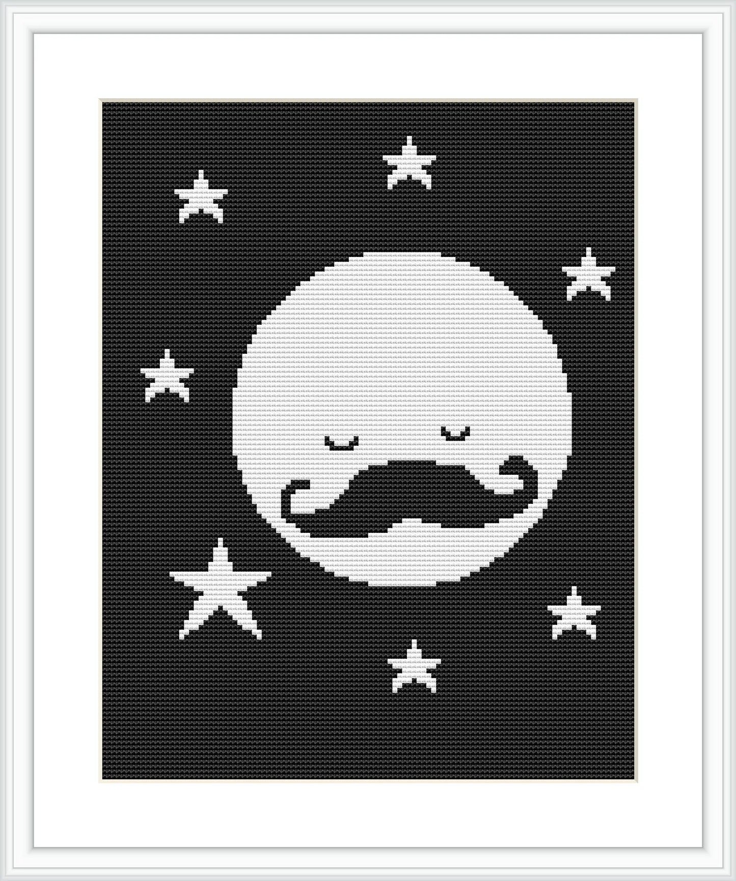 The image displays a stylized depiction of the moon with a mustache, accompanied by various stars, against a dark background, all framed within a simulated picture frame.