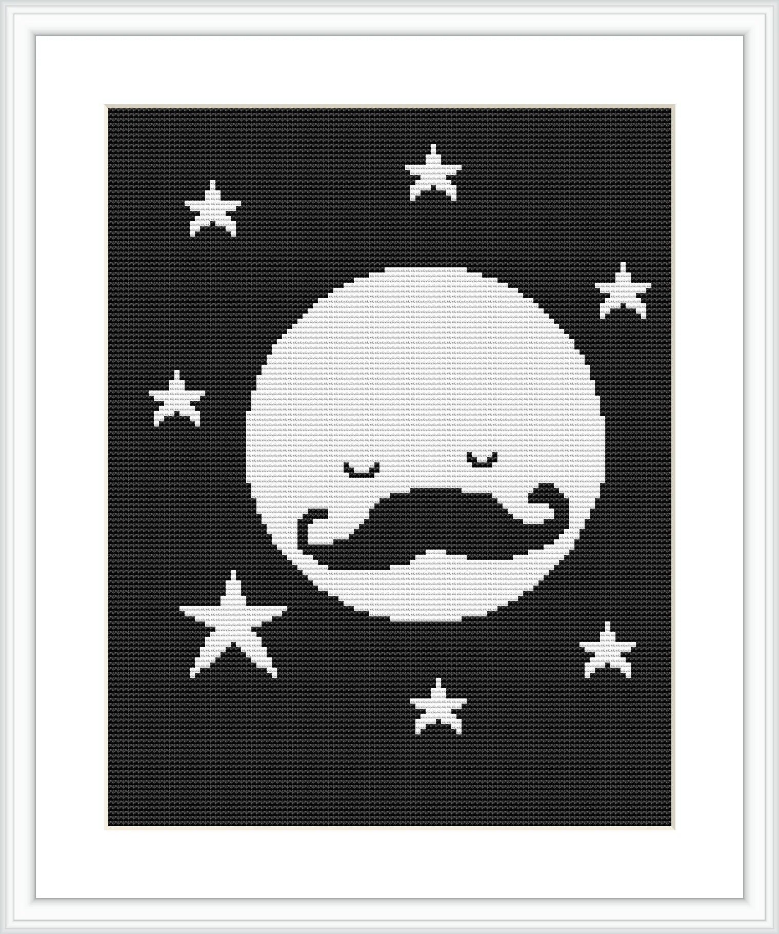 The image displays a stylized depiction of the moon with a mustache, accompanied by various stars, against a dark background, all framed within a simulated picture frame.