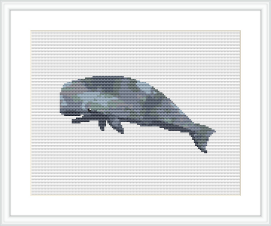 The cross stitch pattern depicts a grey whale centered on a white background, with a frame around the design.